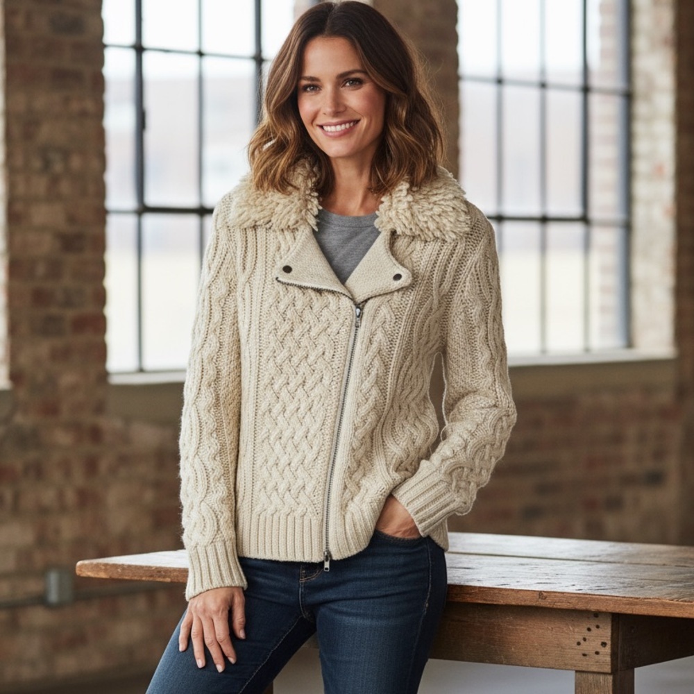 Anthropologie Moth Cable Knit Fringed Moto Zip Cream  Sweater XS
